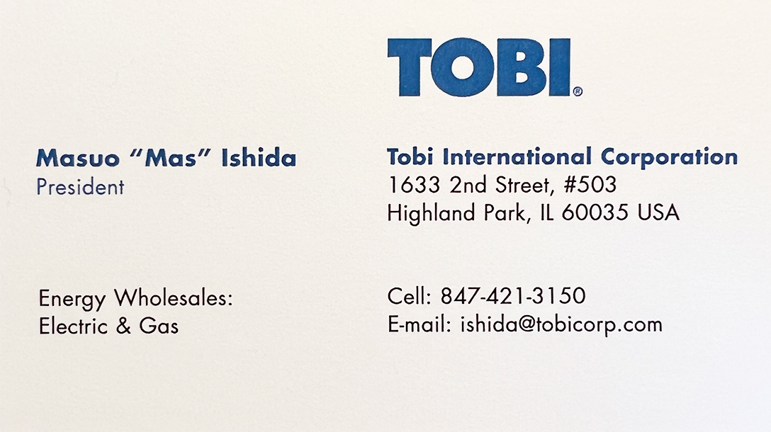 Tobi business card: contact Mas Ishida at 847-421-3150